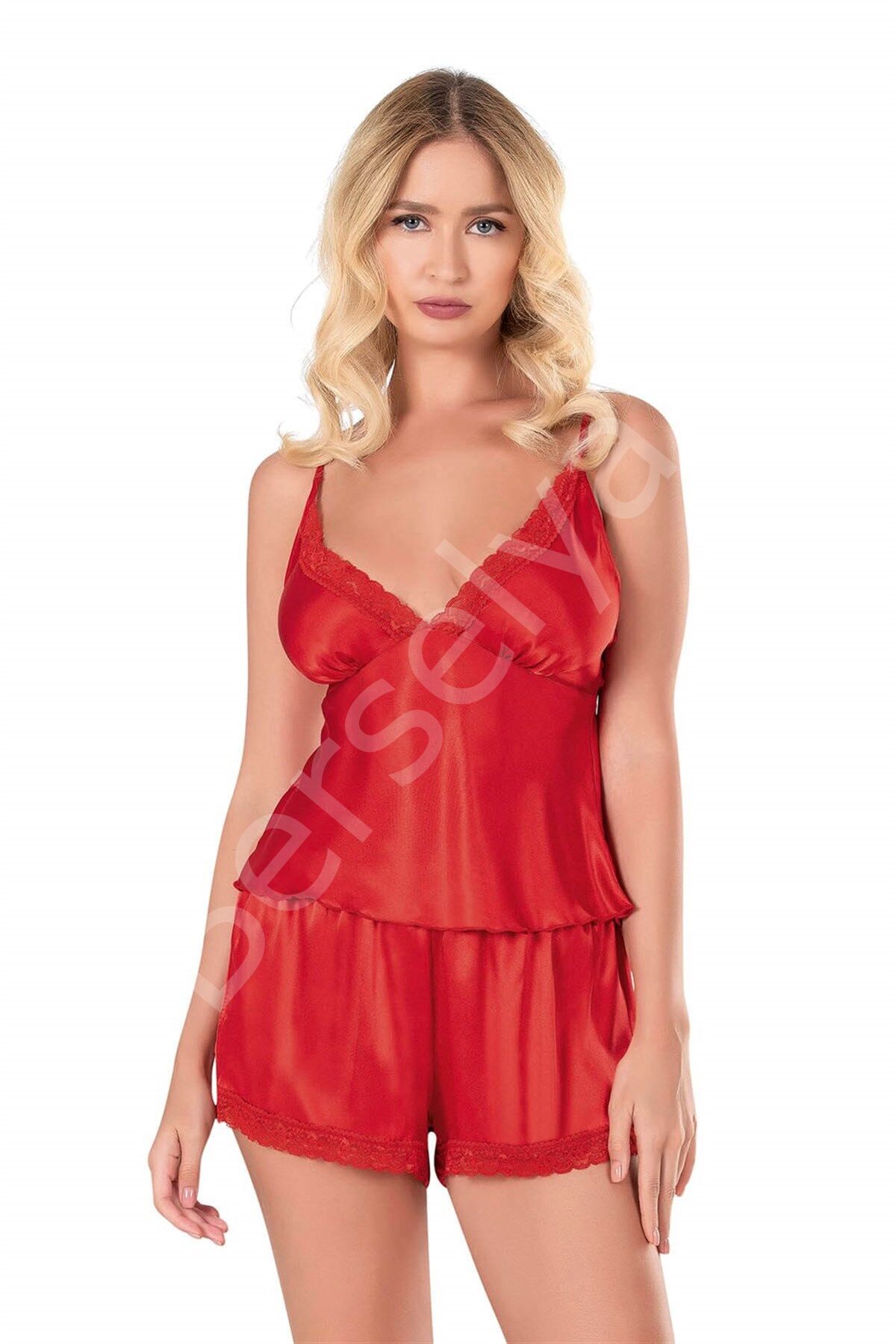 Kırmızı Saten Babydoll Şort Takımı