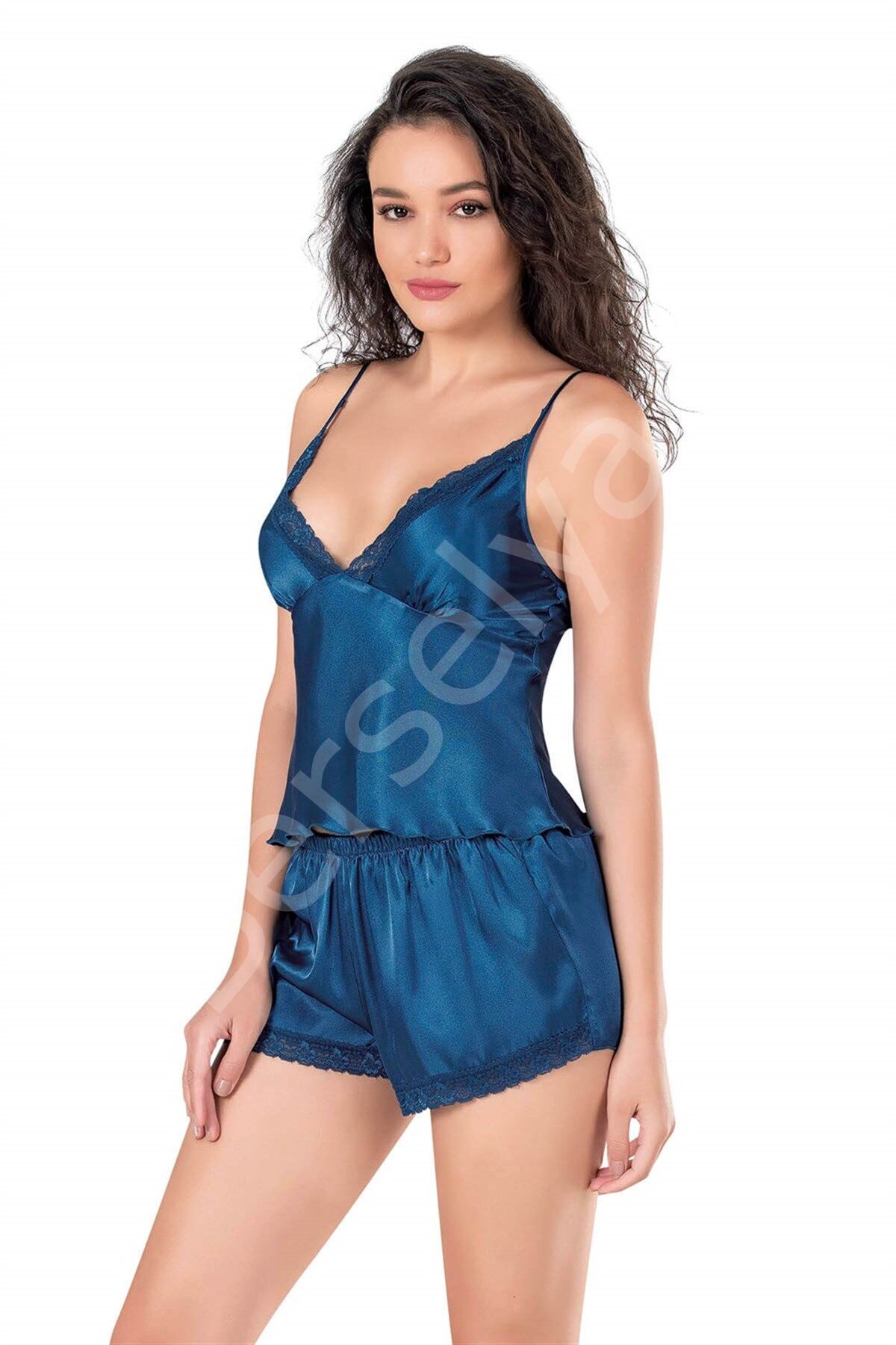 Petrol Mavi Saten Babydoll Şort Takımı