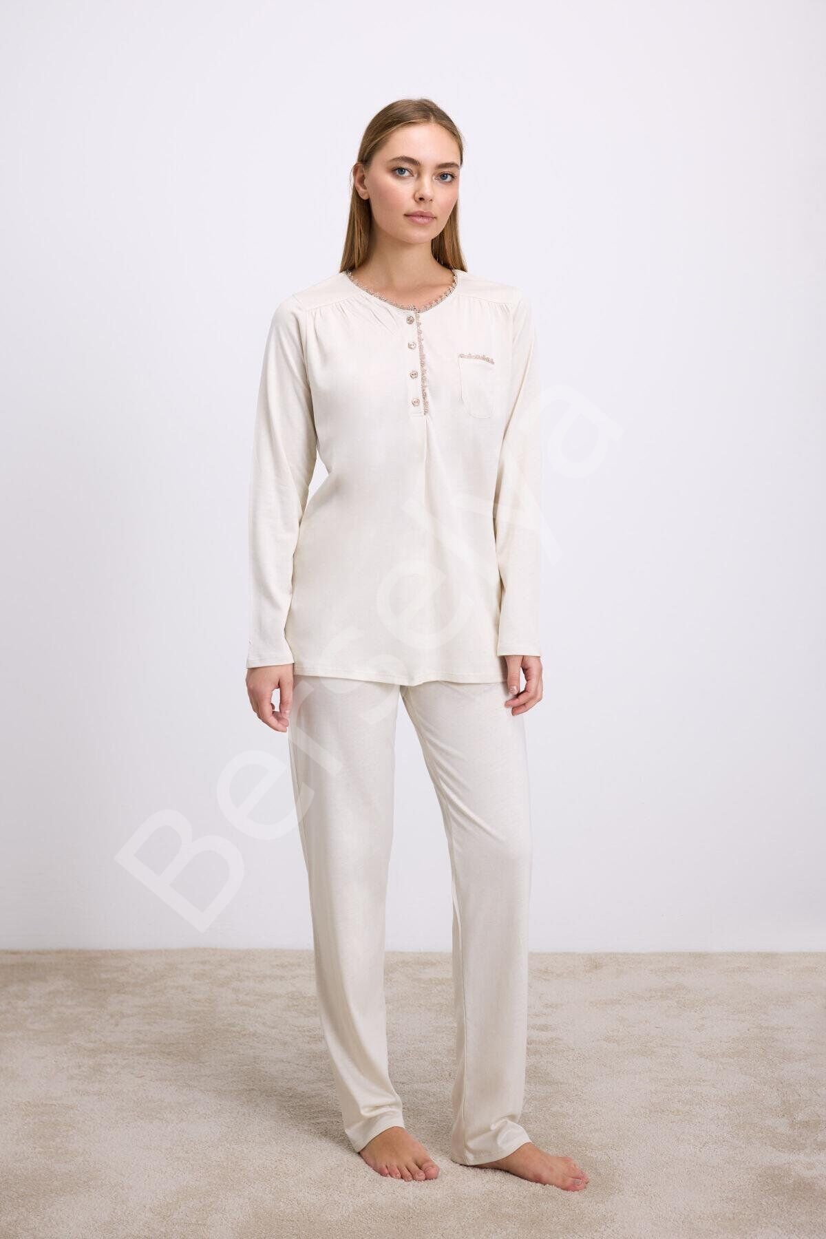 Fil Dişi Modal Pamuklu Uzun Kollu Düğmeli 2'li Pijama Takımı
