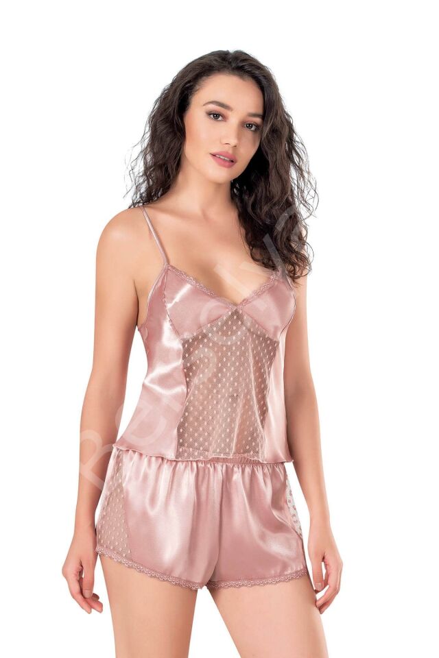 Koyu Pudra Saten Babydoll Şort Takımı