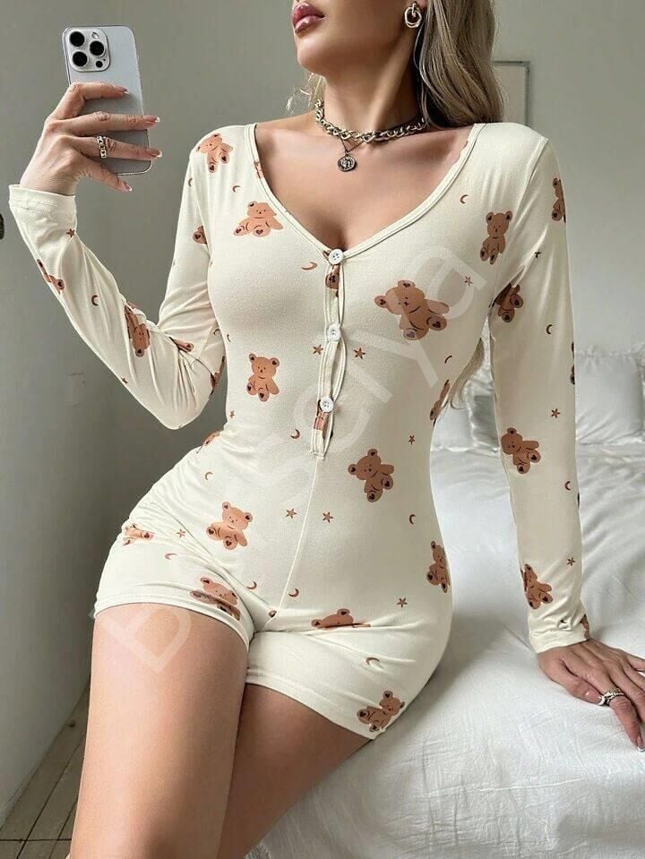 Pamuklu Ekru Ayıcık Desenli Düğmeli Tulum Pijama