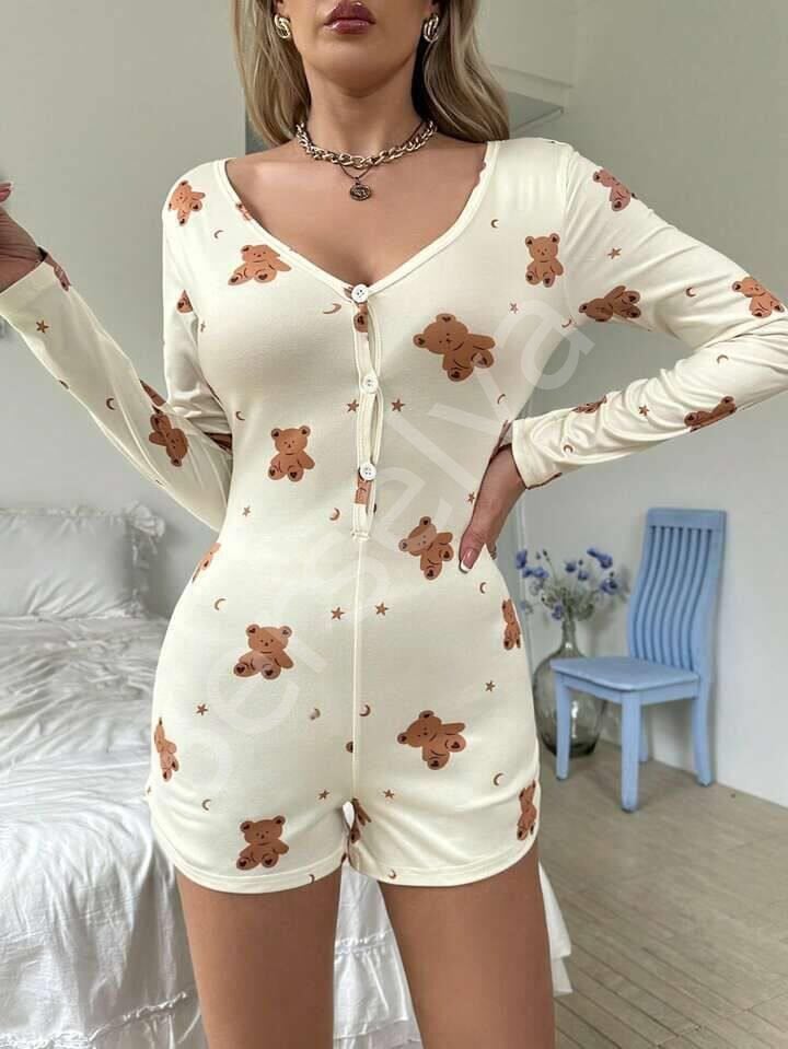 Pamuklu Ekru Ayıcık Desenli Düğmeli Tulum Pijama