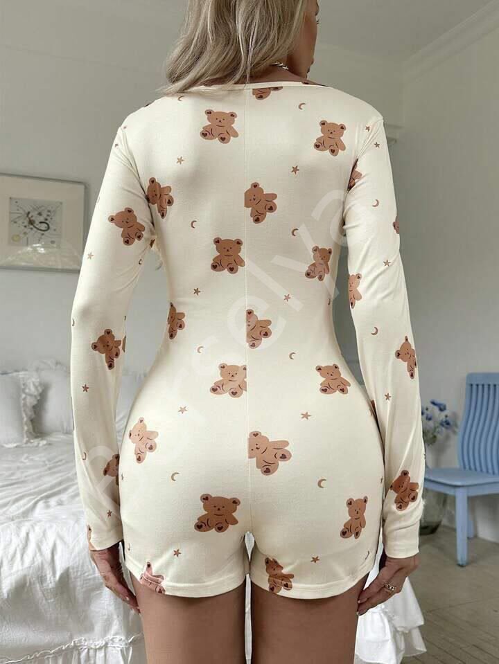 Pamuklu Ekru Ayıcık Desenli Düğmeli Tulum Pijama