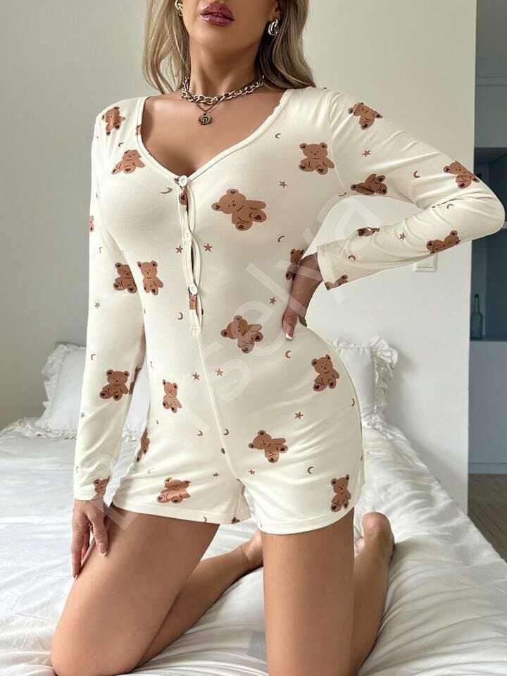 Pamuklu Ekru Ayıcık Desenli Düğmeli Tulum Pijama