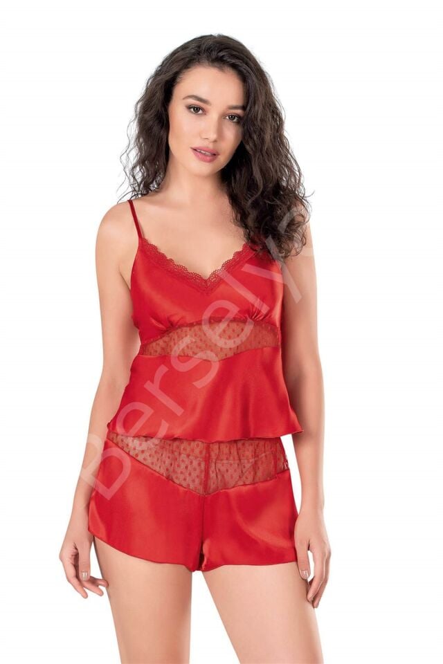 Kırmızı Saten Babydoll Şort Takımı