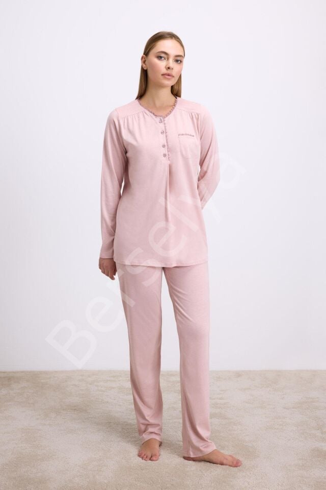 Gül Kurusu Modal Pamuklu Uzun Kollu Düğmeli 2'li Pijama Takımı