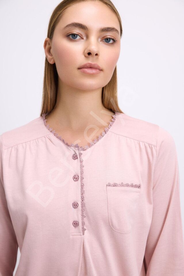 Gül Kurusu Modal Pamuklu Uzun Kollu Düğmeli 2'li Pijama Takımı