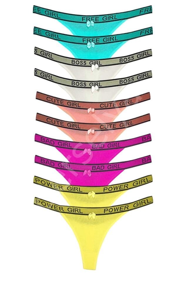 10 Adet Beli Yazılı Pamuk Kadın Tanga String Külot