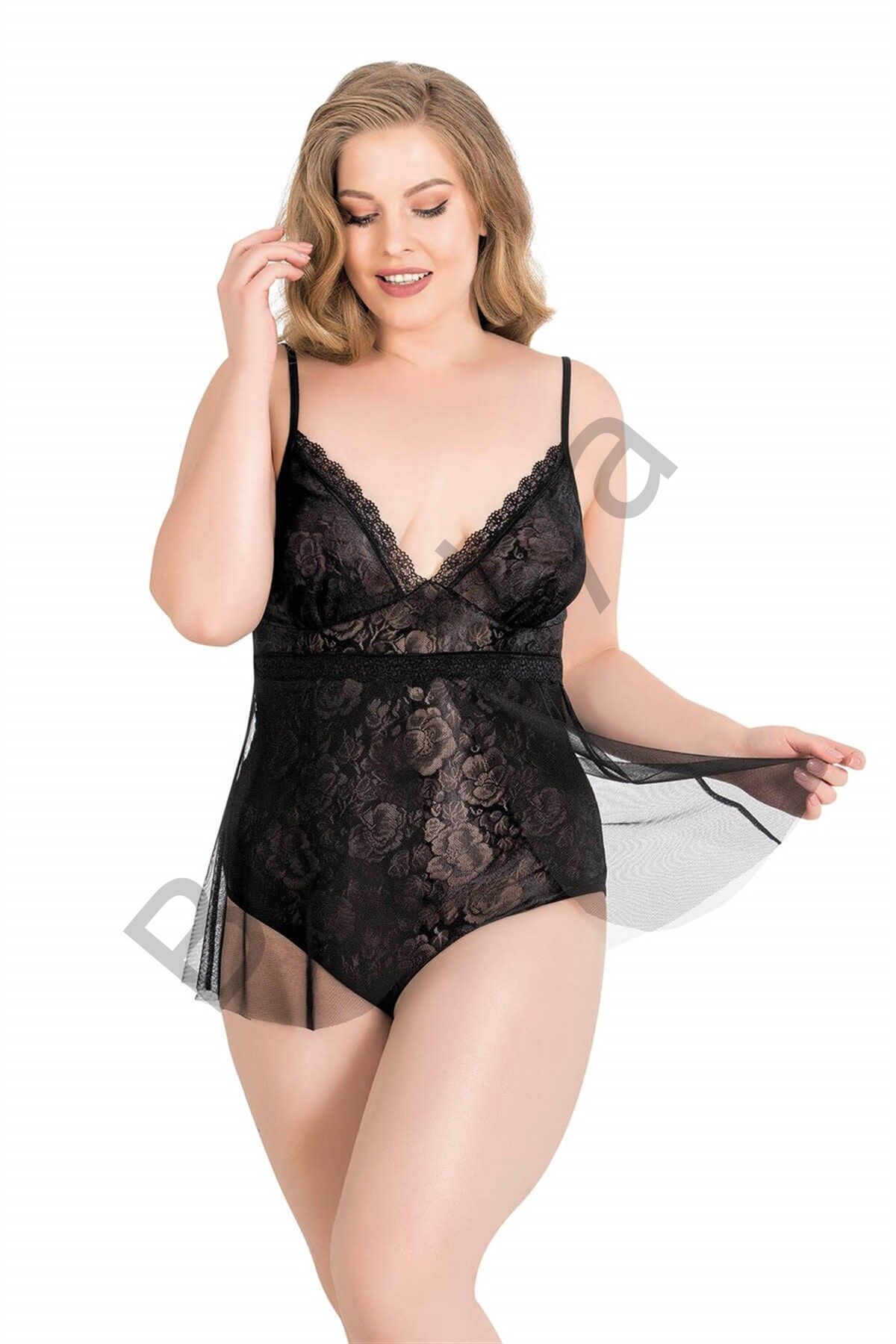 Büyük Beden Siyah Bodysuit Jakarlı Gecelik