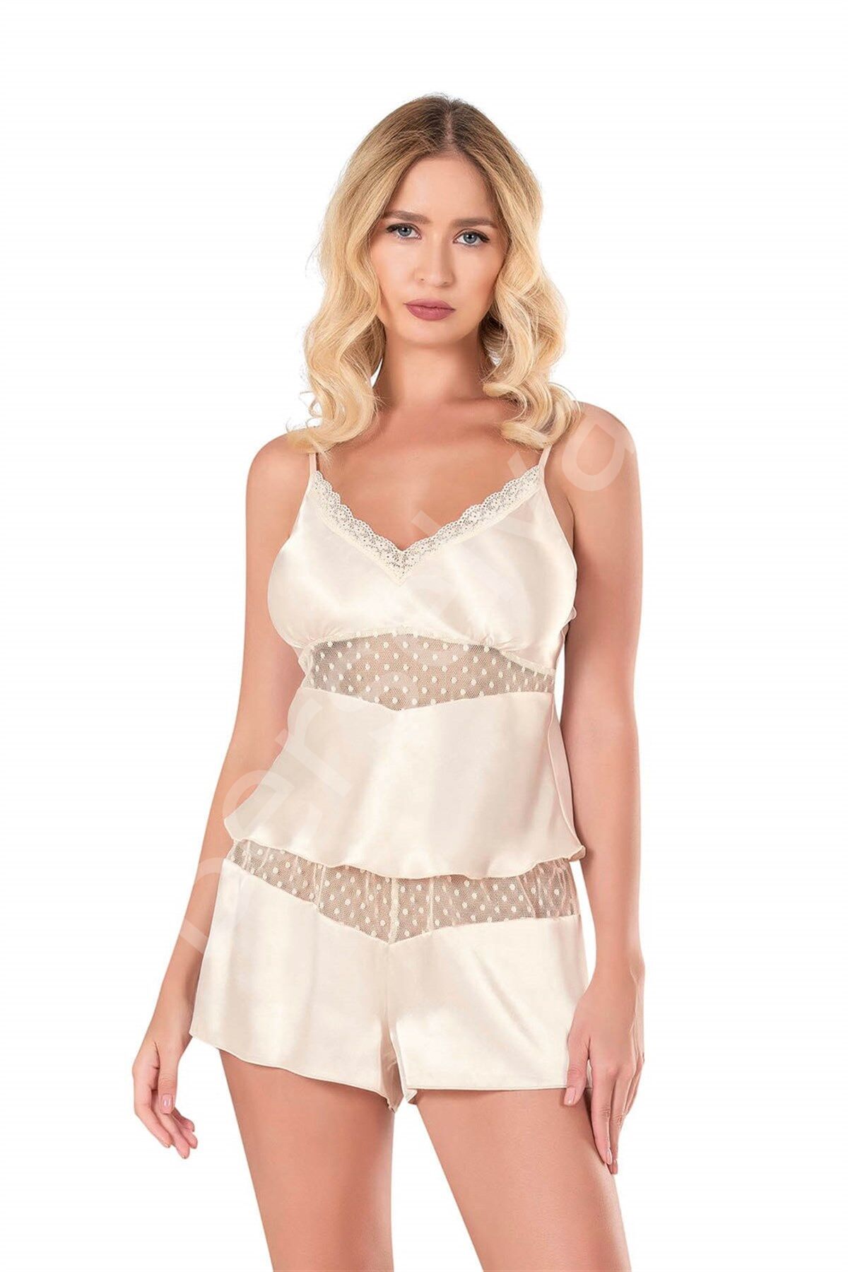 Fildişi Saten Babydoll Şort Takımı