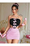 Kadın Pembe Ekose Etekli Seksi Kostüm