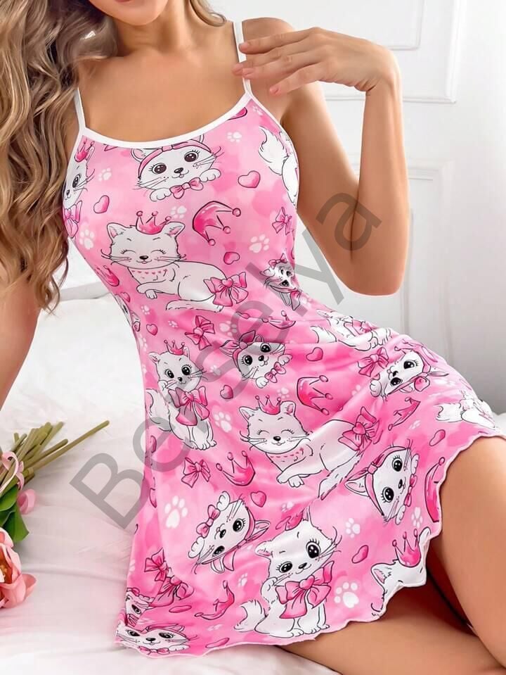 Pembe Kedi Desenli Fantezi Gecelik