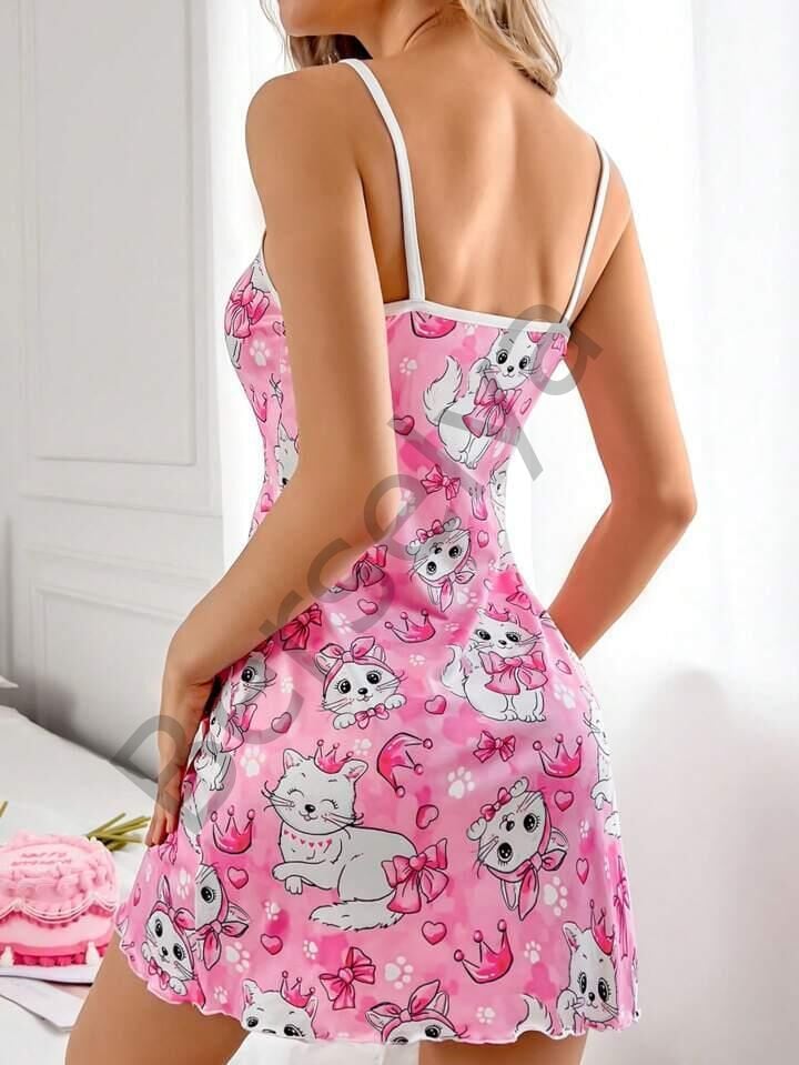 Pembe Kedi Desenli Fantezi Gecelik