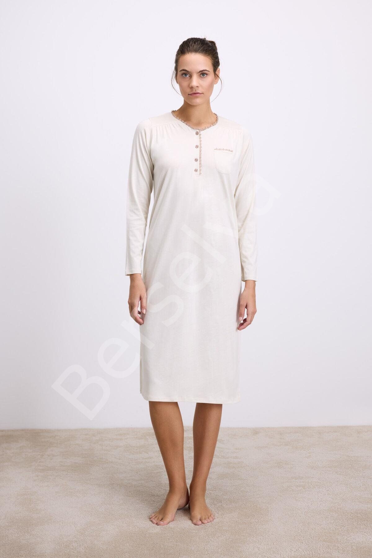 Fil Dişi Modal Uzun Kollu Düğmeli Gecelik