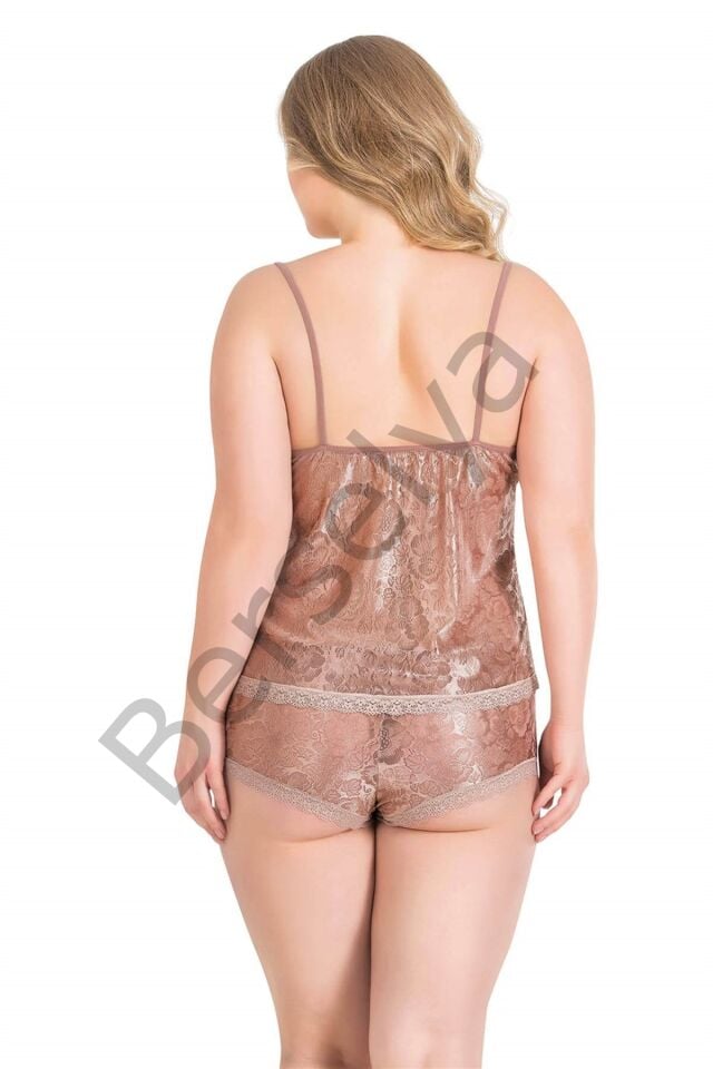 Büyük Beden Vizon Jakarlı Babydoll Şort Takımı
