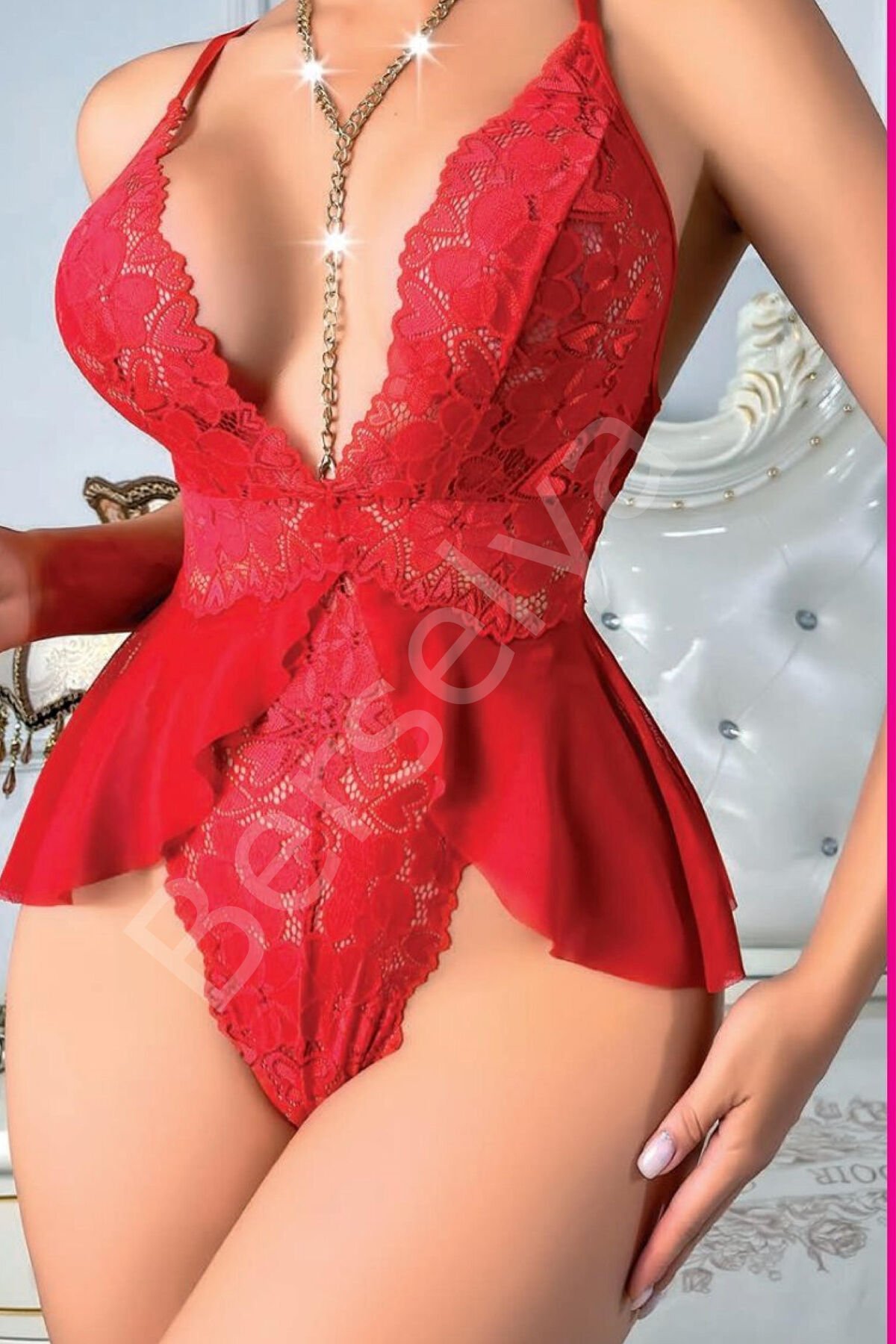 Kadın Kırmızı Zincir Detaylı Bodysuit 3597