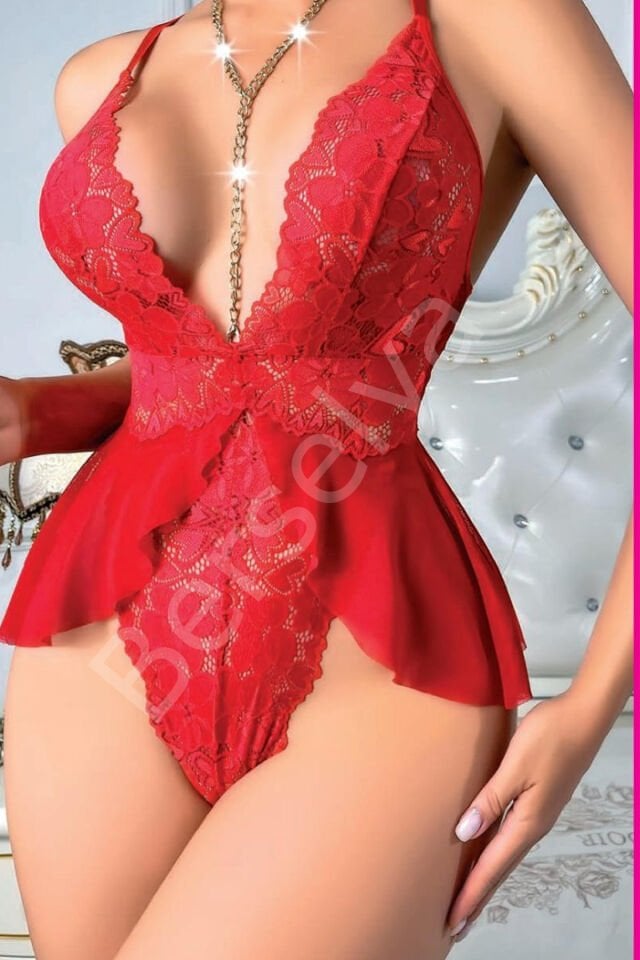 Kadın Kırmızı Zincir Detaylı Bodysuit 3597