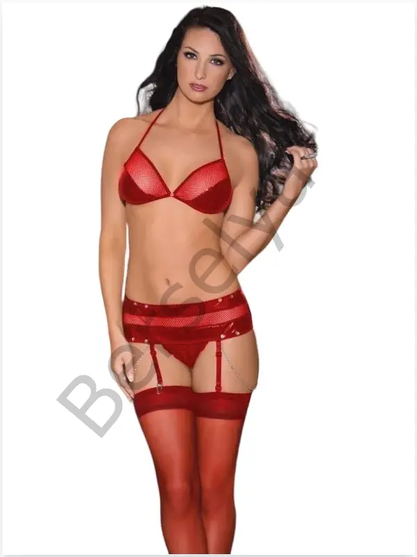 Fantezi Mini Etekli Seksi Kırmızı Jartiyer Takım