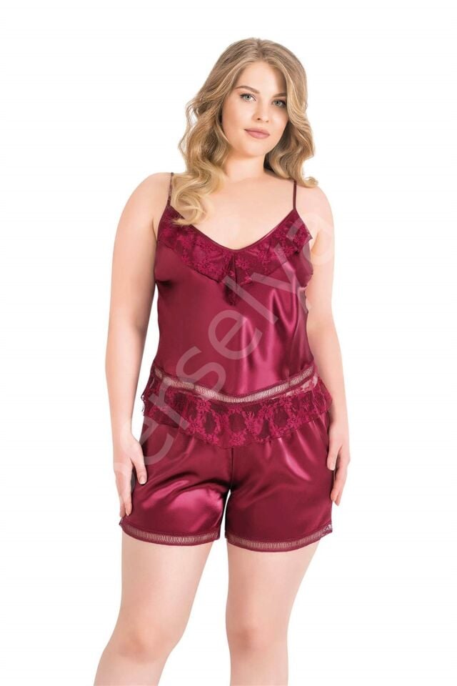 Büyük Beden Bordo Saten Babydoll Şort Takımı