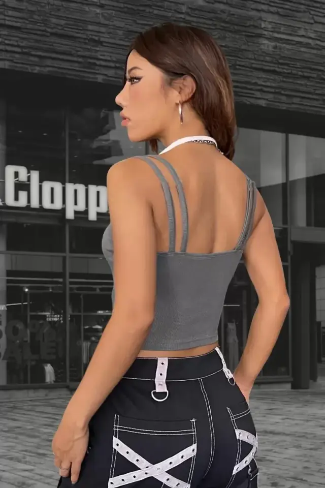 Kadın Antrasit Beyaz Çift Renk Çapraz Askılı Crop Top Bluz Şık Esnek