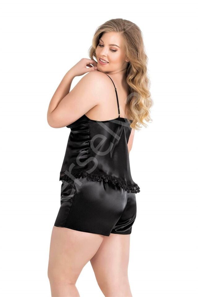 Büyük Beden Siyah Saten Babydoll Şort Takımı