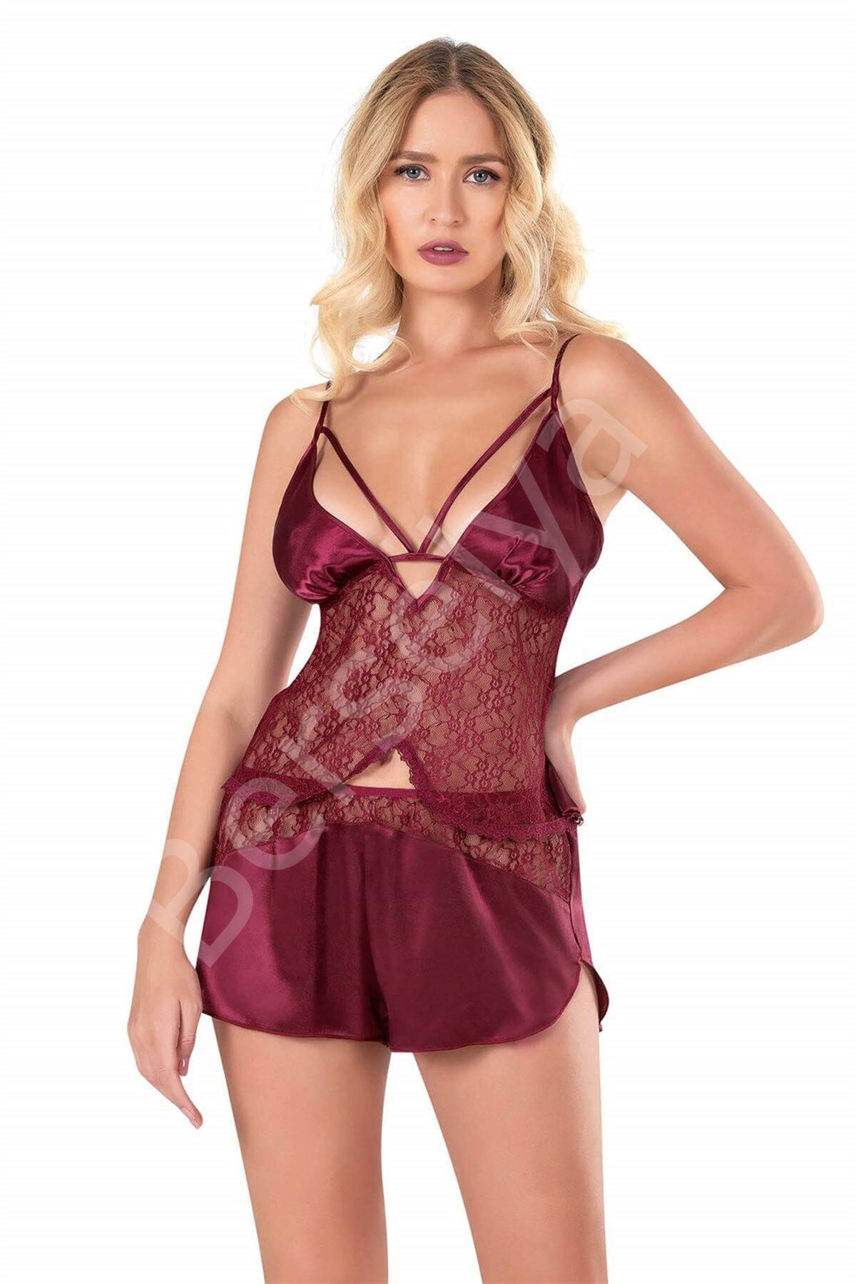 Bordo Saten Babydoll Şort Takımı