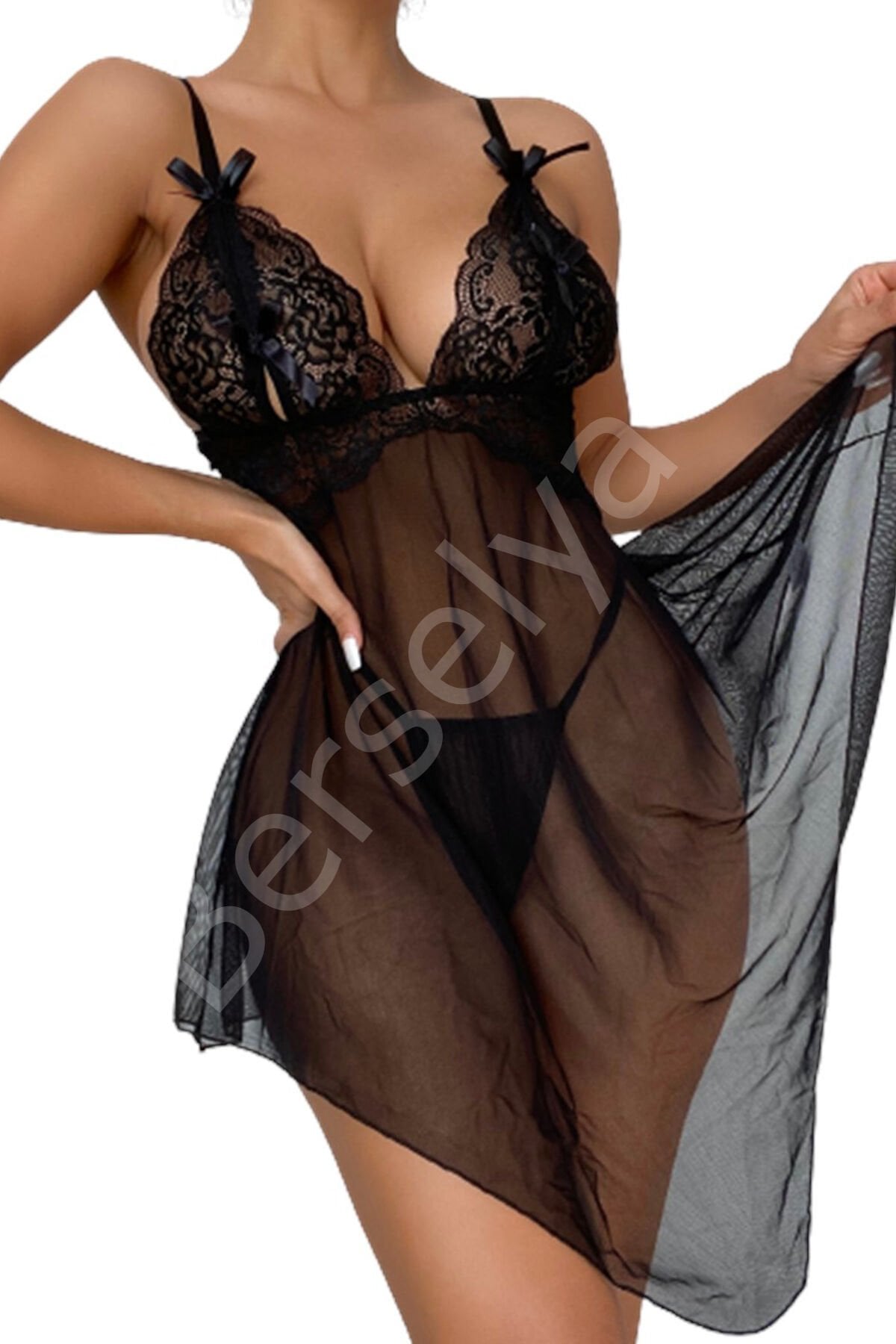 Kadın Siyah Göğsü Açık Fantezi Gecelik 3183