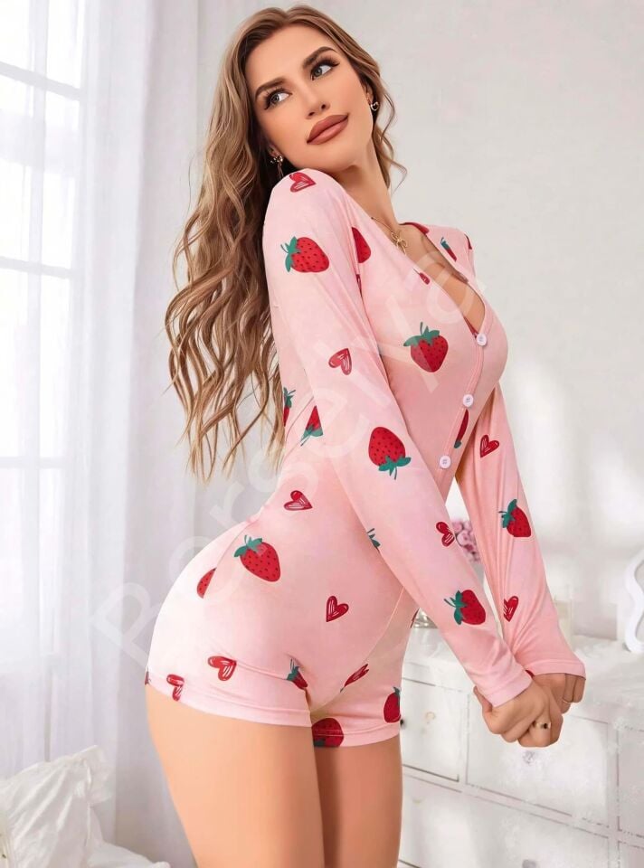 Pamuklu Pembe Çilek Desenli Tulum Pijama