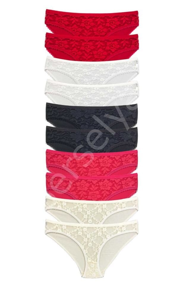 10 Adet Önü Dantelli Transparan Kadın Slip Külot S1