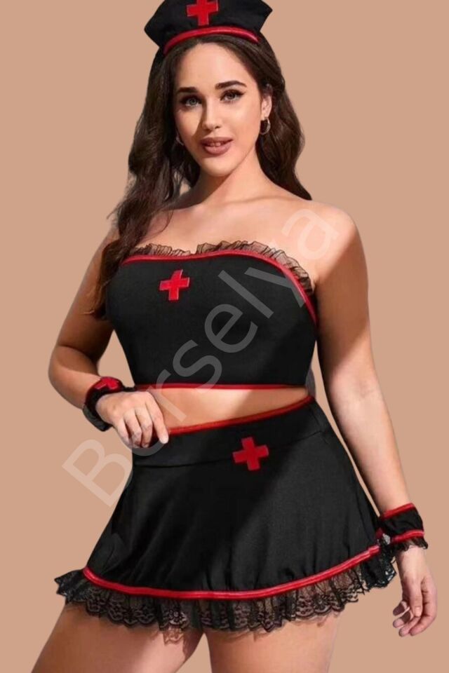 Siyah Süprem Penye Ve Dantelli Şık Hemşire Kostümü 52000bt