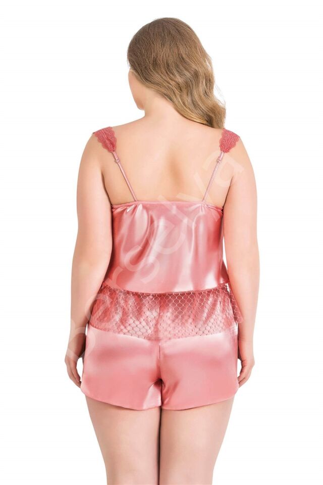 Büyük Beden Mercan Saten Babydoll Şort Takımı