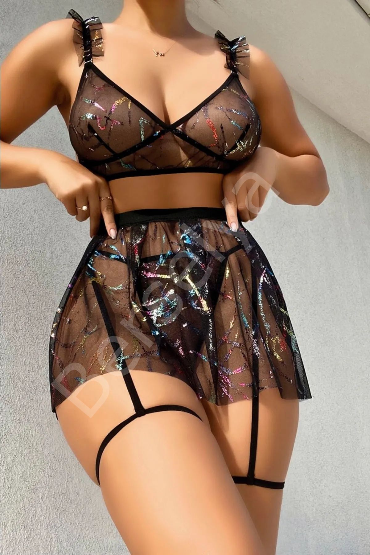 Kadın Parlama Detaylı Fantazi Tül Etek Sütyen Takım 3450