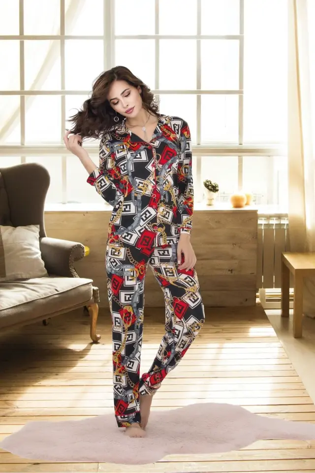 Kadın Seksi Karışık Desenli Düğmeli Alt Üst Gecelik Pijama Takımı Uzun Kollu Pijama Takım
