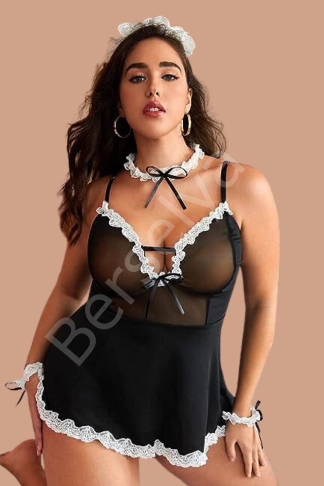 Siyah Kadın Hemşire Modeli Göğsü Tül İle İşlenmiş Şık Kostüm 50899bt