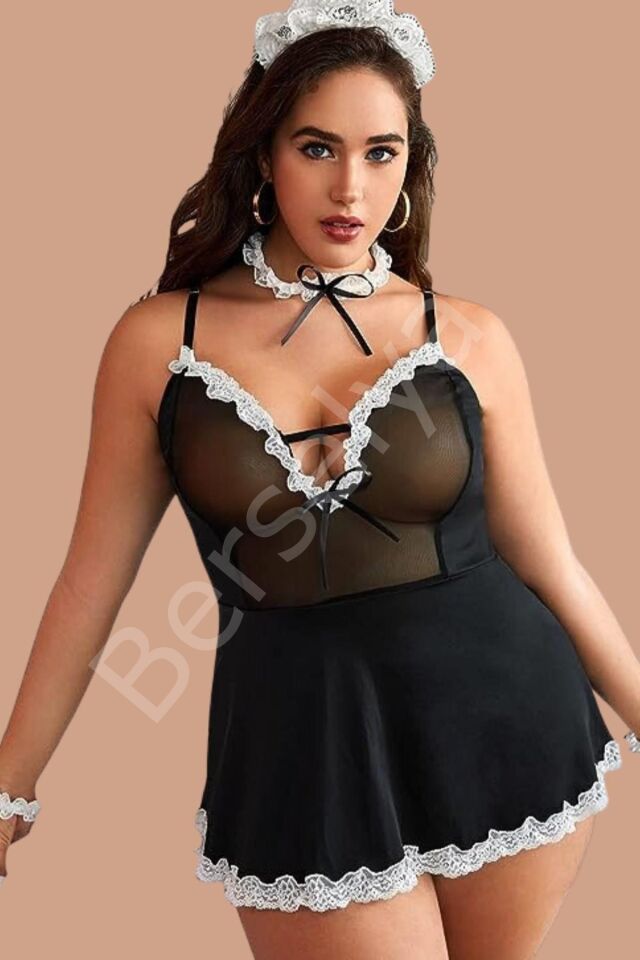 Siyah Kadın Hemşire Modeli Göğsü Tül İle İşlenmiş Şık Kostüm 50899bt