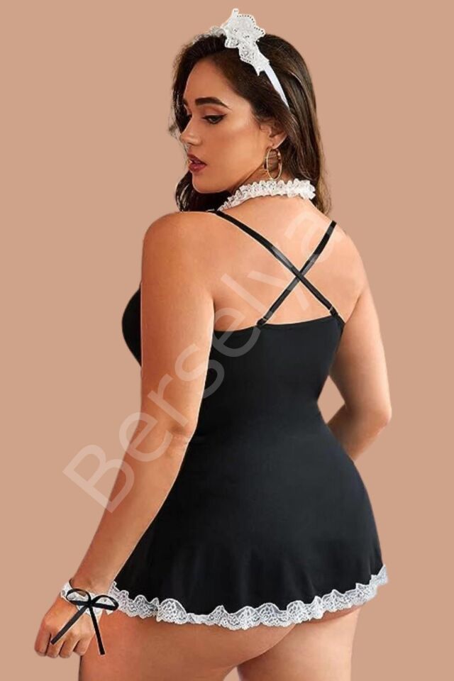 Siyah Kadın Hemşire Modeli Göğsü Tül İle İşlenmiş Şık Kostüm 50899bt