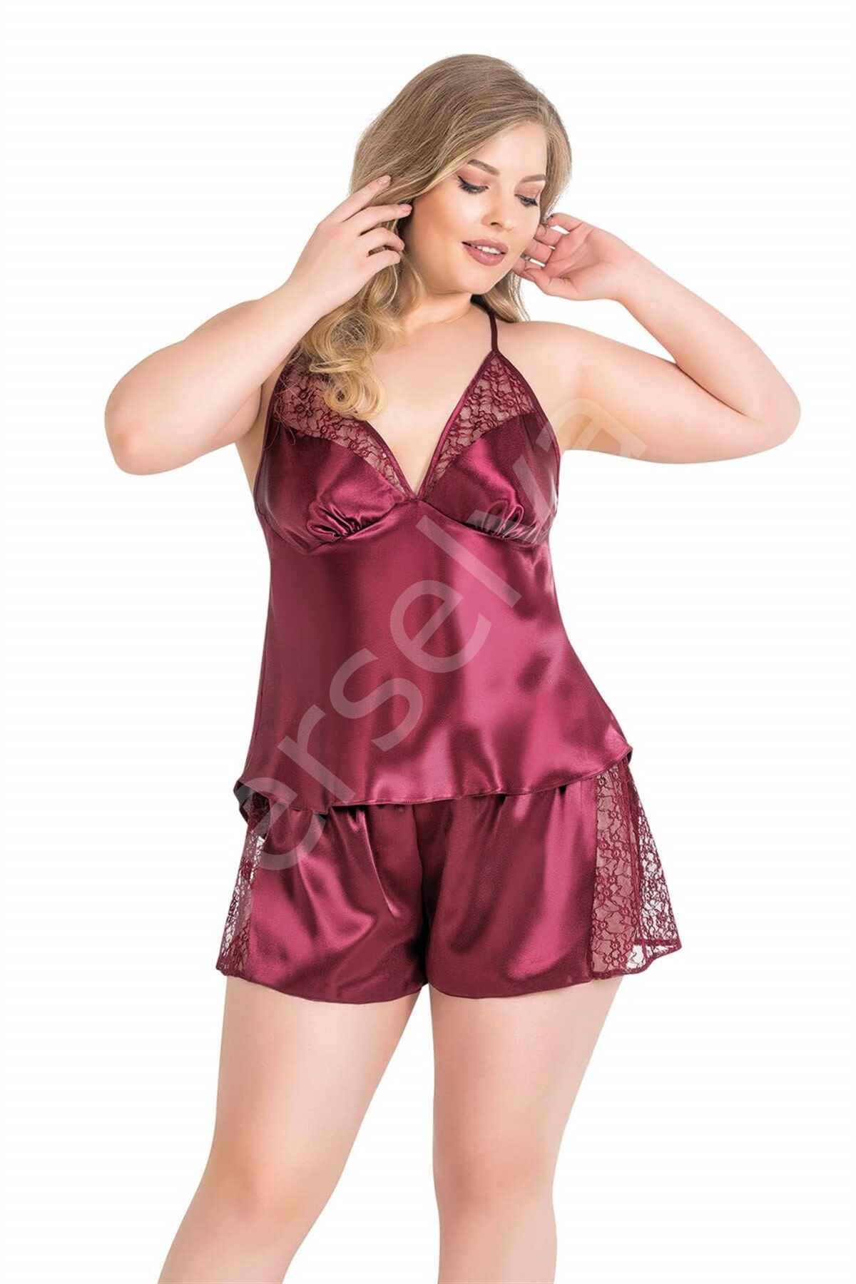 Büyük Beden Bordo Saten Babydoll Şort Takımı