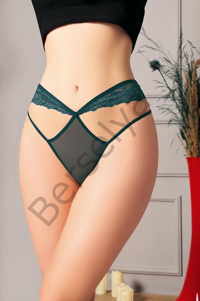 Yeşil Dantelli İp Detaylı Fantezi String Tanga