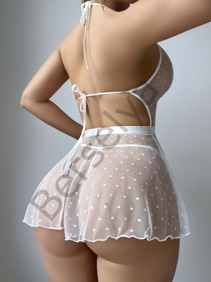 Kadın Beyaz  Fantazi Gecelik Tül Nokta Desenli 2207