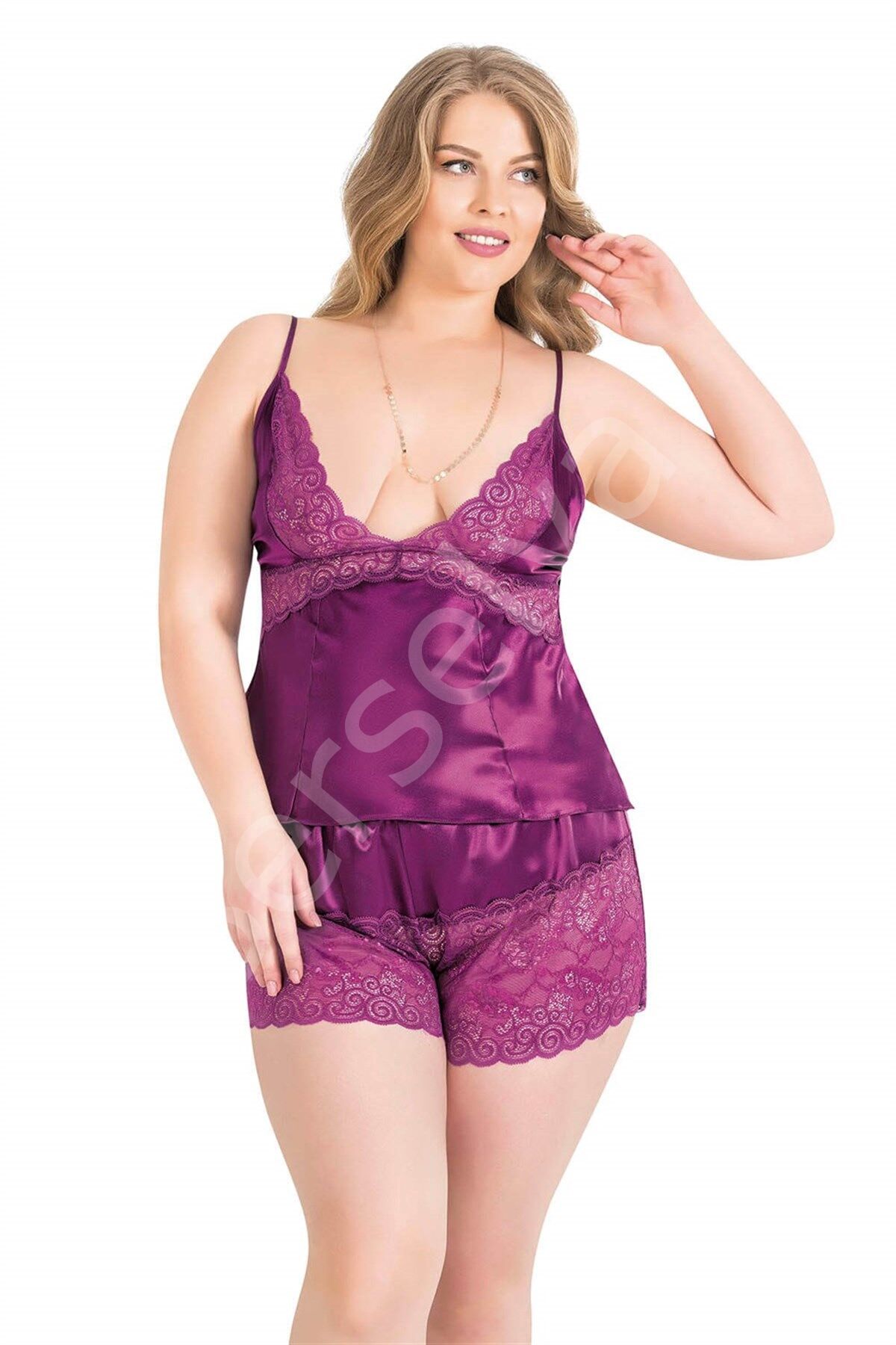 Büyük Beden Mor Saten Babydoll Şort Takımı