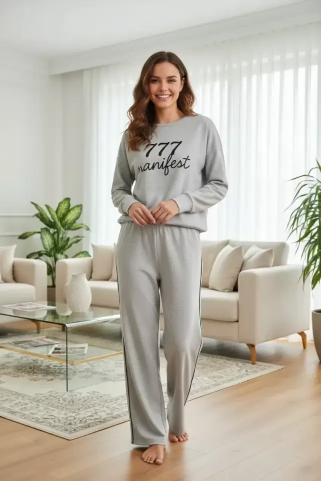 Kadın Gri Manifest Oversize 2 İplik Eşofman Ev Giyim Takımı