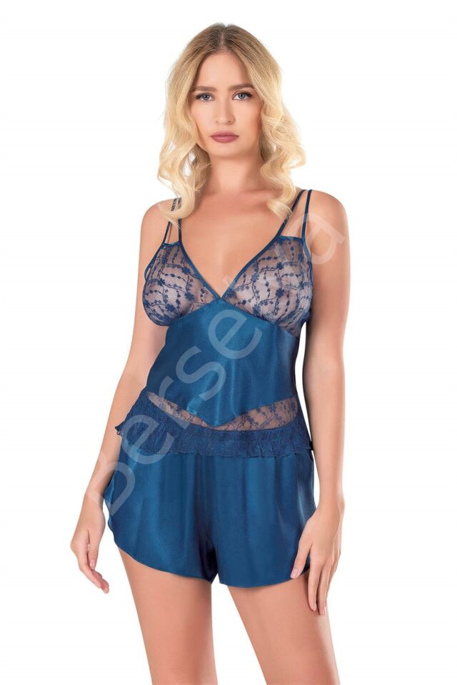Petrol Mavisi Saten Babydoll Şort Takımı