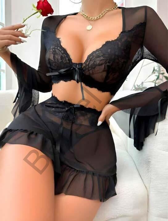 Siyah Dantelli Etekli Fantezi Tül Bolero Sütyen Takım