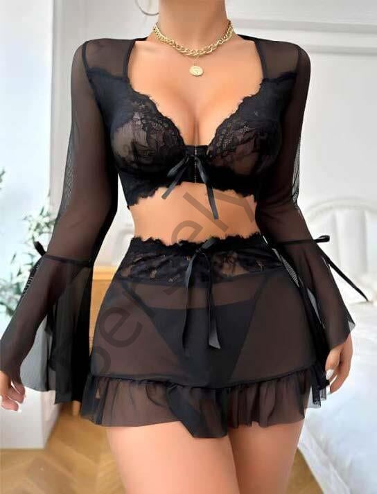 Siyah Dantelli Etekli Fantezi Tül Bolero Sütyen Takım