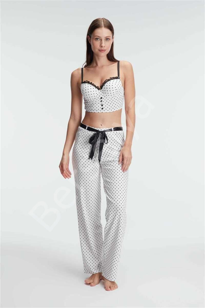 Fantezi Bralet Sütyen Pamuklu Puantiye Desenli Desteksiz Dantel Detaylı Pijama Takımı