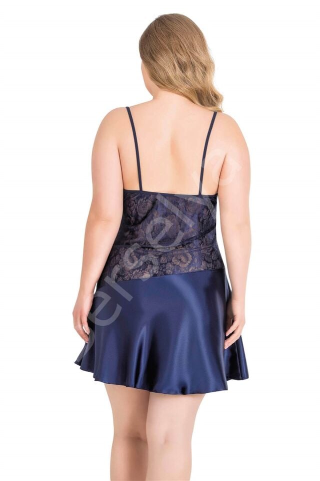 Büyük Beden Lacivert Kısa Saten Gecelik