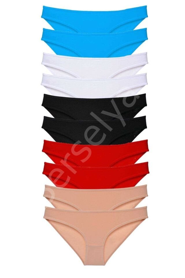 10 Adet Süper Eko Set Likralı Kadın Slip Siyah Kırmızı Ten Beyaz Mavi