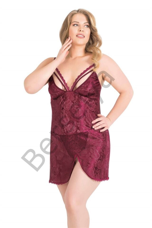 Büyük Beden Bordo Kısa Jakarlı Gecelik