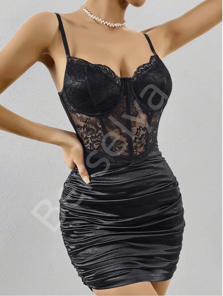 Kadın Siyah Zarif Kolsuz Elbise Seksi Dantelli Çiçek Desenli Fantezi Elbise 5149