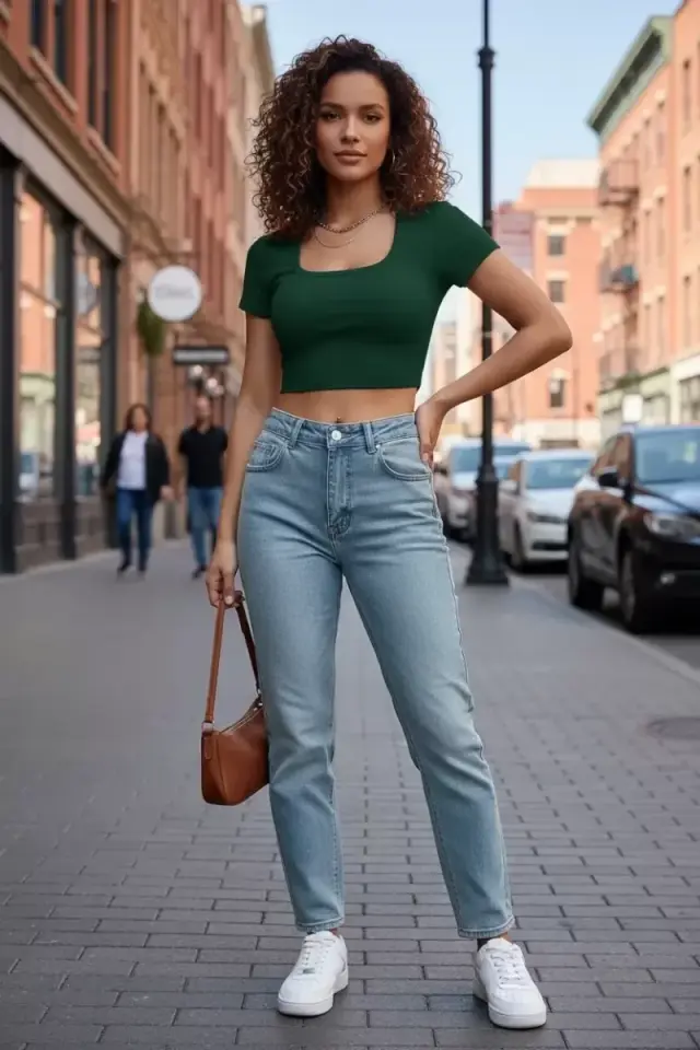 Kadın Yeşil Şık Kesim Yarım Kol Crop Bluz